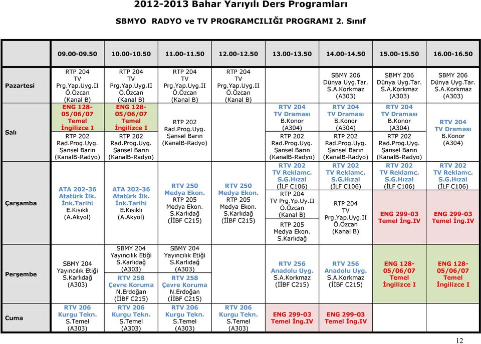 Hızal (İLF C106) RTP 204 TV Prg.Yp.Uy.II Ö.Özcan RTP 205 Medya Ekon. SBMY 206 Dünya Uyg.Tar. RTV 204 TV Draması B.Konor RTP 202 Rad.Prog.Uyg. Şansel Barın (KanalB-Radyo) RTV 202 TV Reklamc. S.G.