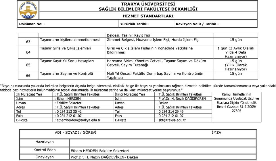 Fakülte Demirbaş Sayımı ve Kontrolünün Yapılması (3 Aylık Olarak Yılda 4 Defa Hazırlanıyor) (Yıllık Olarak Hazırlanıyor) "Başvuru esnasında yukarıda belirtilen belgelerin dışında belge istenmesi,