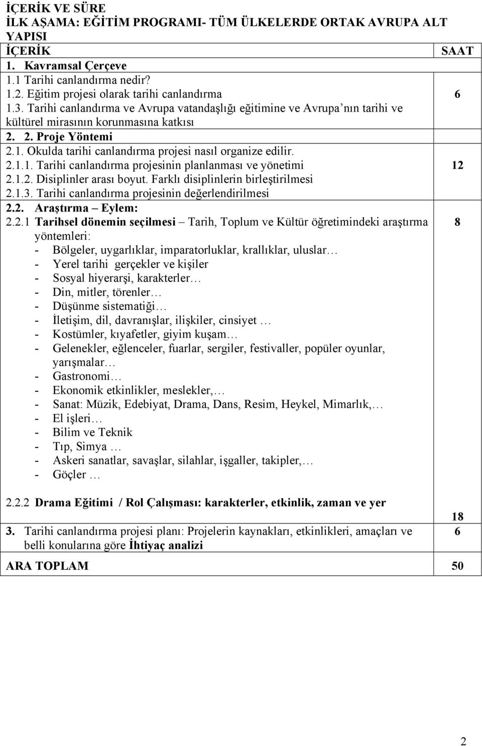 1.2. Disiplinler arası boyut. Farklı disiplinlerin birleştirilmesi 2.1.3. Tarihi canlandırma projesinin değerlendirilmesi 2.2. Araştırma Eylem: 2.2.1 Tarihsel dönemin seçilmesi Tarih, Toplum ve