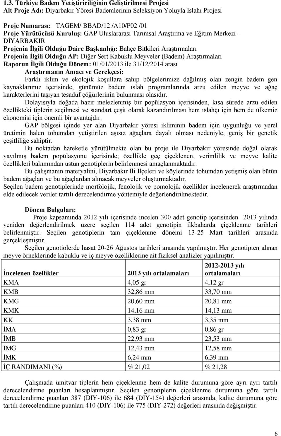 Kabuklu Meyveler (Badem) Araştırmaları Raporun İlgili Olduğu Dönem: 01/01/2013 ile 31/12/2014 arası Araştırmanın Amacı ve Gerekçesi: Farklı iklim ve ekolojik koşullara sahip bölgelerimize dağılmış