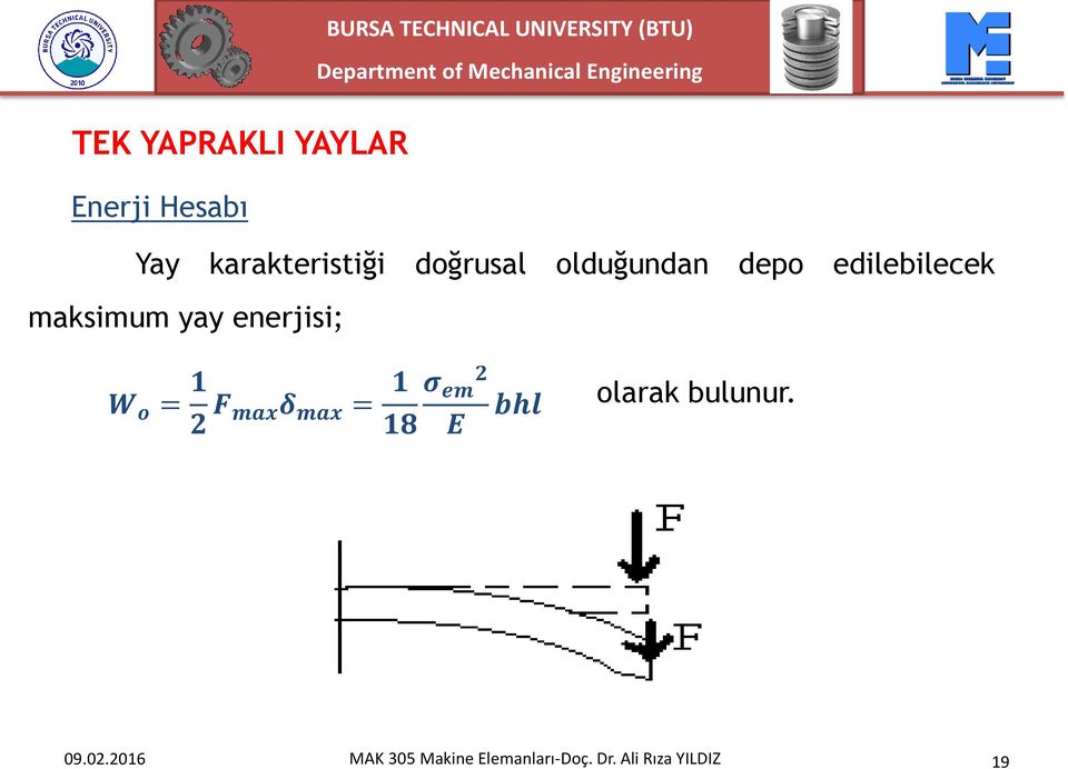 maksimum yay enerjisi; W o = 1 2 F maxδ max = 1 2 σ em 18 E bhl