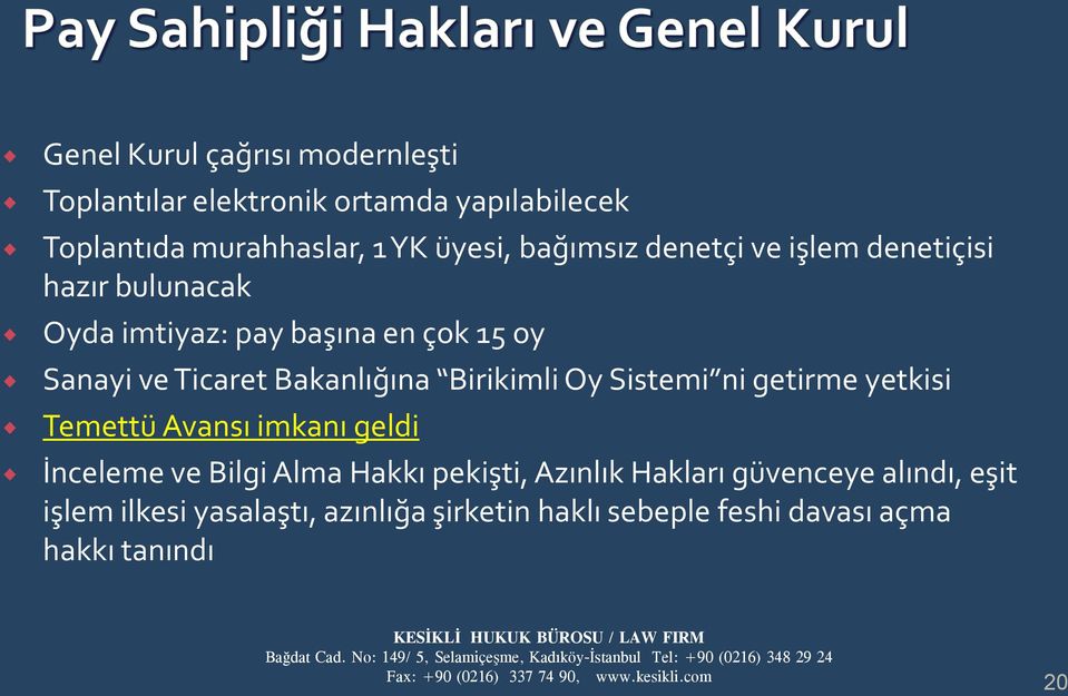 Bakanlığına Birikimli Oy Sistemi ni getirme yetkisi Temettü Avansı imkanı geldi İnceleme ve Bilgi Alma Hakkı pekişti,