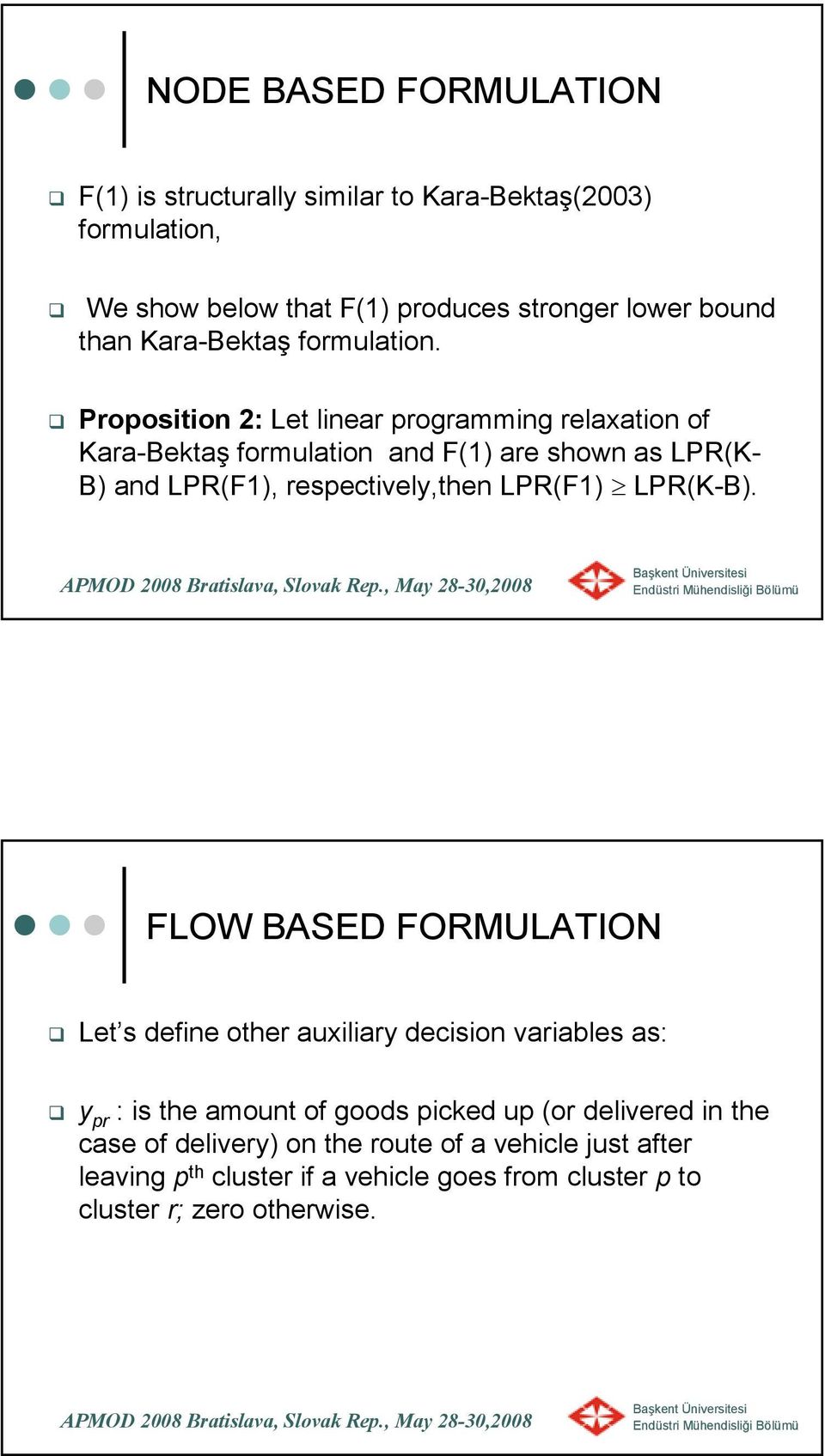 Proposition 2: Let linear programming relaxation of Kara-Bektaş formulation and F(1) are shown as LPR(K- B) and LPR(F1), respectively,then LPR(F1)