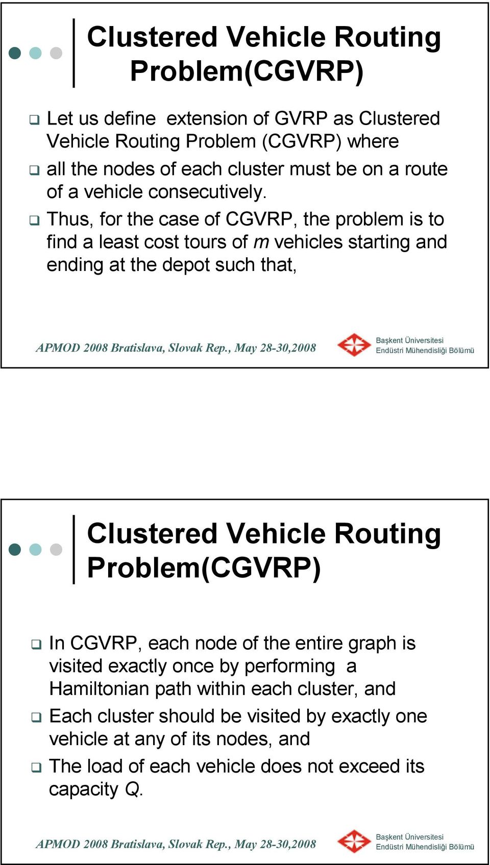 Thus, for the case of CGVRP, the problem is to find a least cost tours of m vehicles starting and ending at the depot such that, Clustered Vehicle Routing