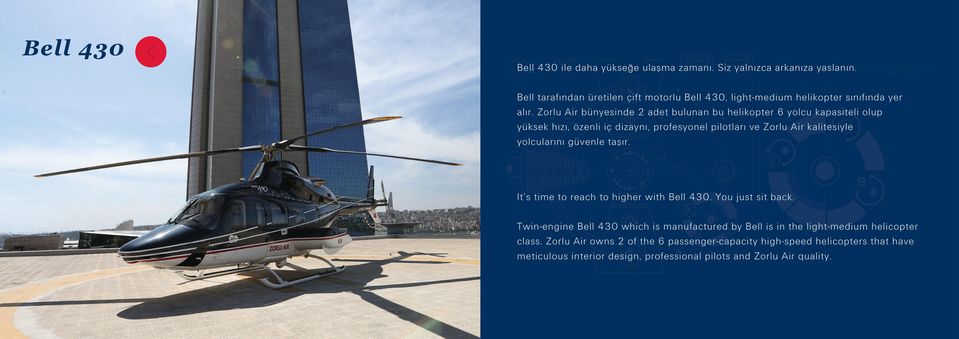 Zorlu Air bünyesinde 2 adet bulunan bu helikopter 6 yolcu kapasiteli olup yüksek hızı, özenli iç dizaynı, profesyonel pilotları ve Zorlu Air kalitesiyle yolcularını