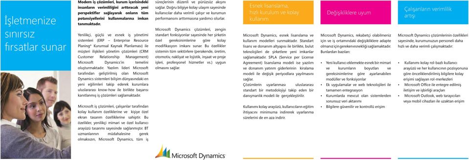Esnek lisanslama, hızlı kurulum ve kolay kullanım Değişikliklere uyum Çalışanların verimlilik artışı sınırsız fırsatlar sunar Yenilikçi, güçlü ve esnek iş yönetimi sistemleri (ERP Enterprise Resource