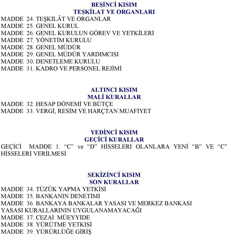 VERGİ, RESİM VE HARÇTAN MUAFİYET YEDİNCİ KISIM GEÇİCİ KURALLAR GEÇİCİ MADDE 1. C ve D HİSSELERİ OLANLARA YENİ B VE C HİSSELERİ VERİLMESİ SEKİZİNCİ KISIM SON KURALLAR MADDE 34.