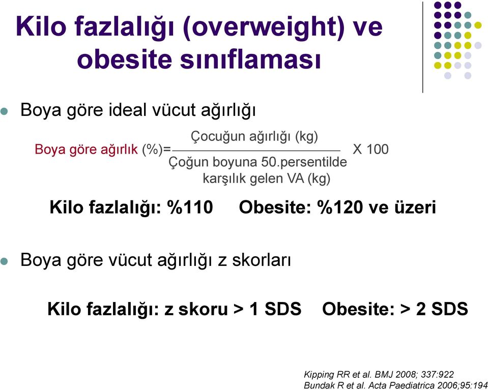 persentilde karşılık gelen VA (kg) Kilo fazlalığı: %110 Obesite: %120 ve üzeri Boya göre vücut