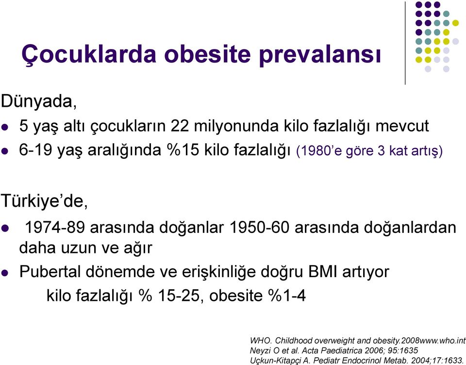 ağır Pubertal dönemde ve erişkinliğe doğru BMI artıyor kilo fazlalığı % 15-25, obesite %1-4 WHO.