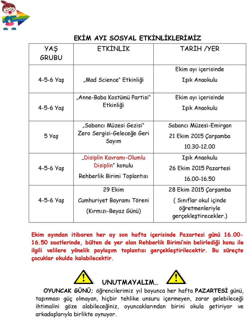 (Kırmızı-Beyaz Günü) Sabancı Müzesi-Emirgan 21 Ekim 2015 Çarşamba 10.30-12.00 Işık Anaokulu 26 Ekim 2015 Pazartesi 16.00-16.