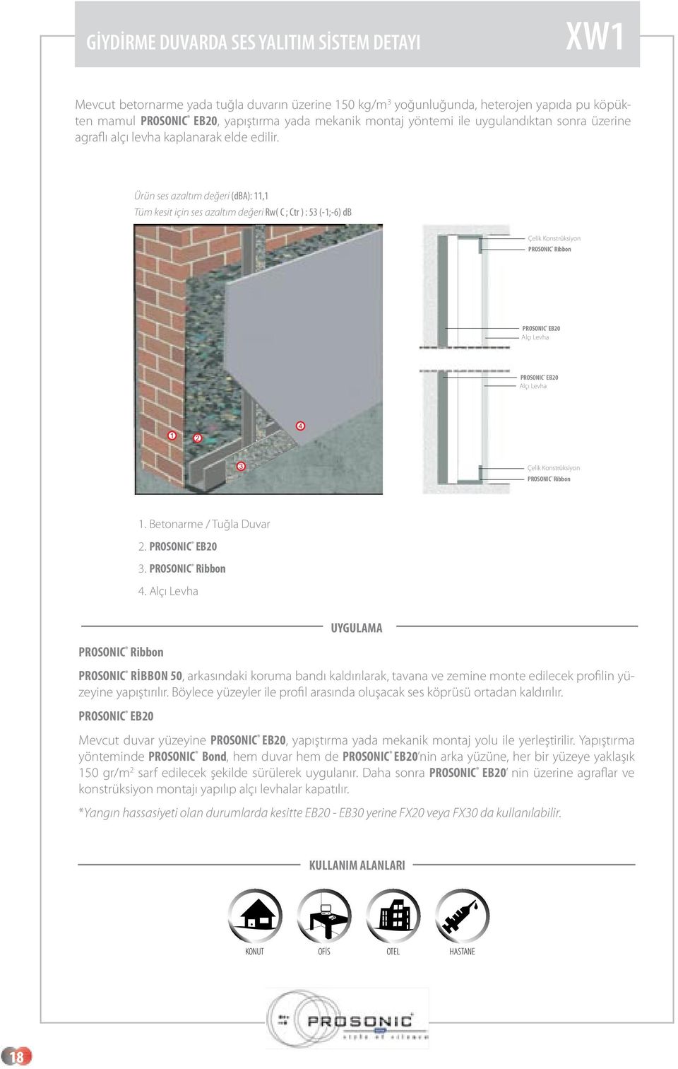 Ürün ses azaltım değeri (dba): 11,1 Tüm kesit için ses azaltım değeri Rw( C ; Ctr ) : 53 (-1;-6) db Çelik Konstrüksiyon PROSONIC EB20 Alçı Levha PROSONIC EB20 Alçı Levha Çelik Konstrüksiyon 1.