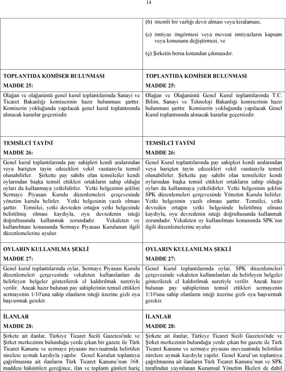 Komiserin yokluğunda yapılacak genel kurul toplantısında alınacak kararlar geçersizdir. TOPLANTIDA KOMİSER BULUNMASI MADDE 25: Olağan ve Olağanüstü Genel Kurul toplantılarında T.C.