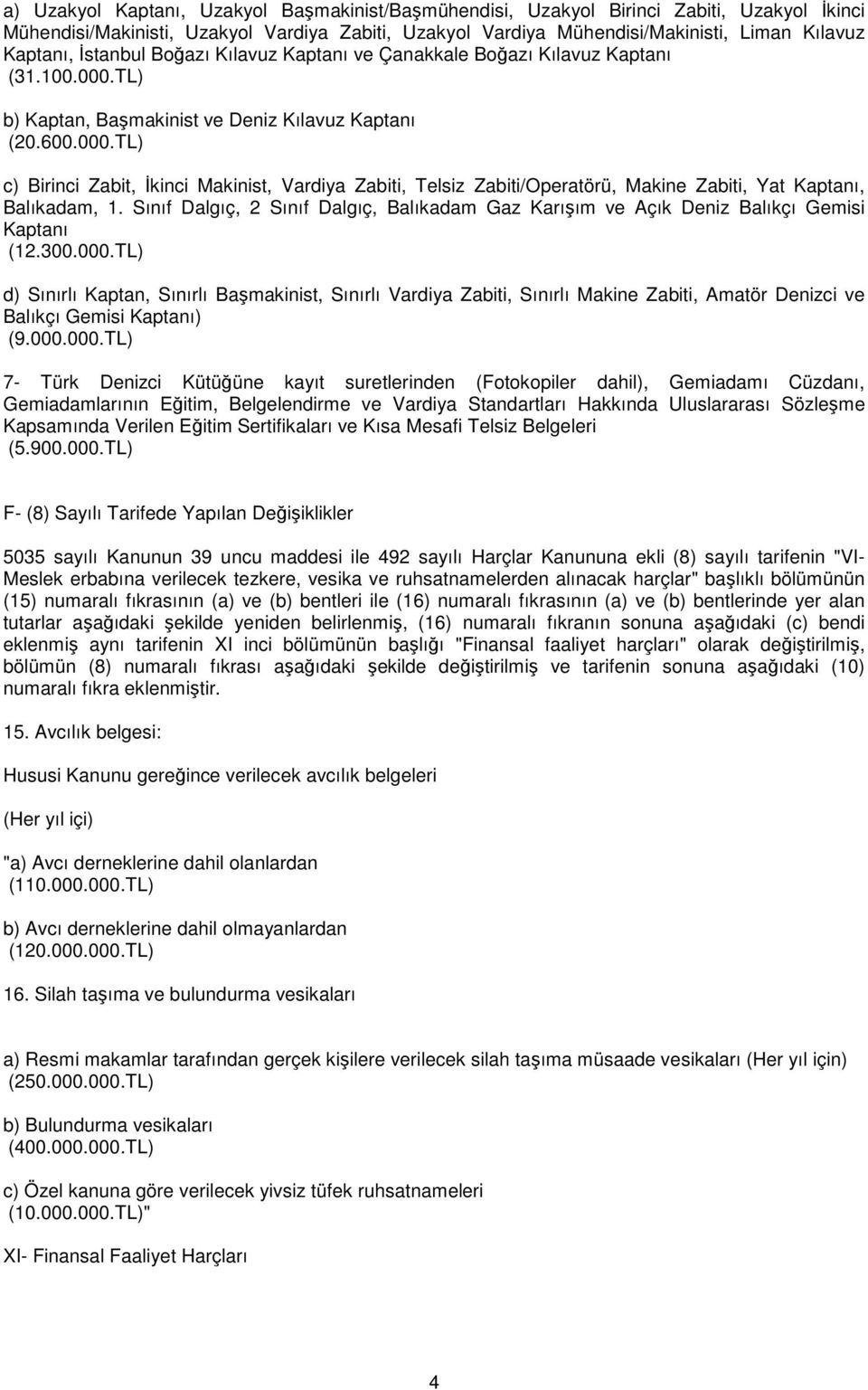 TL) b) Kaptan, Başmakinist ve Deniz Kılavuz Kaptanı (20.600.000.TL) c) Birinci Zabit, İkinci Makinist, Vardiya Zabiti, Telsiz Zabiti/Operatörü, Makine Zabiti, Yat Kaptanı, Balıkadam, 1.