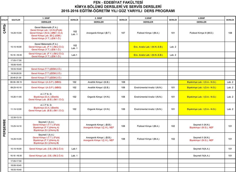 30-09.15 Genel Kimya I (A.G.P.) (MBG) Analitik Kimya I (S.B.) Biyokimya Lab. I (O.A.- N.G.) Genel Kimya I (A.G.P.) (MBG) Analitik Kimya I (S.B.) Enstrümental Analiz I (N.N.) Biyokimya Lab. I (O.A.- N.G.) A.İ.