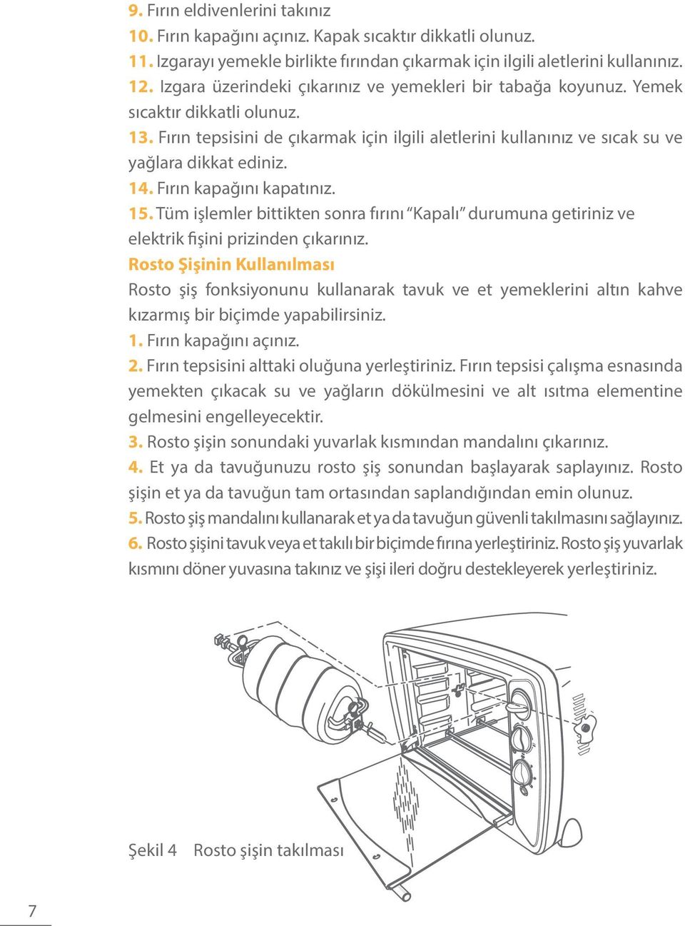 Fırın kapağını kapatınız. 15. Tüm işlemler bittikten sonra fırını Kapalı durumuna getiriniz ve elektrik fişini prizinden çıkarınız.