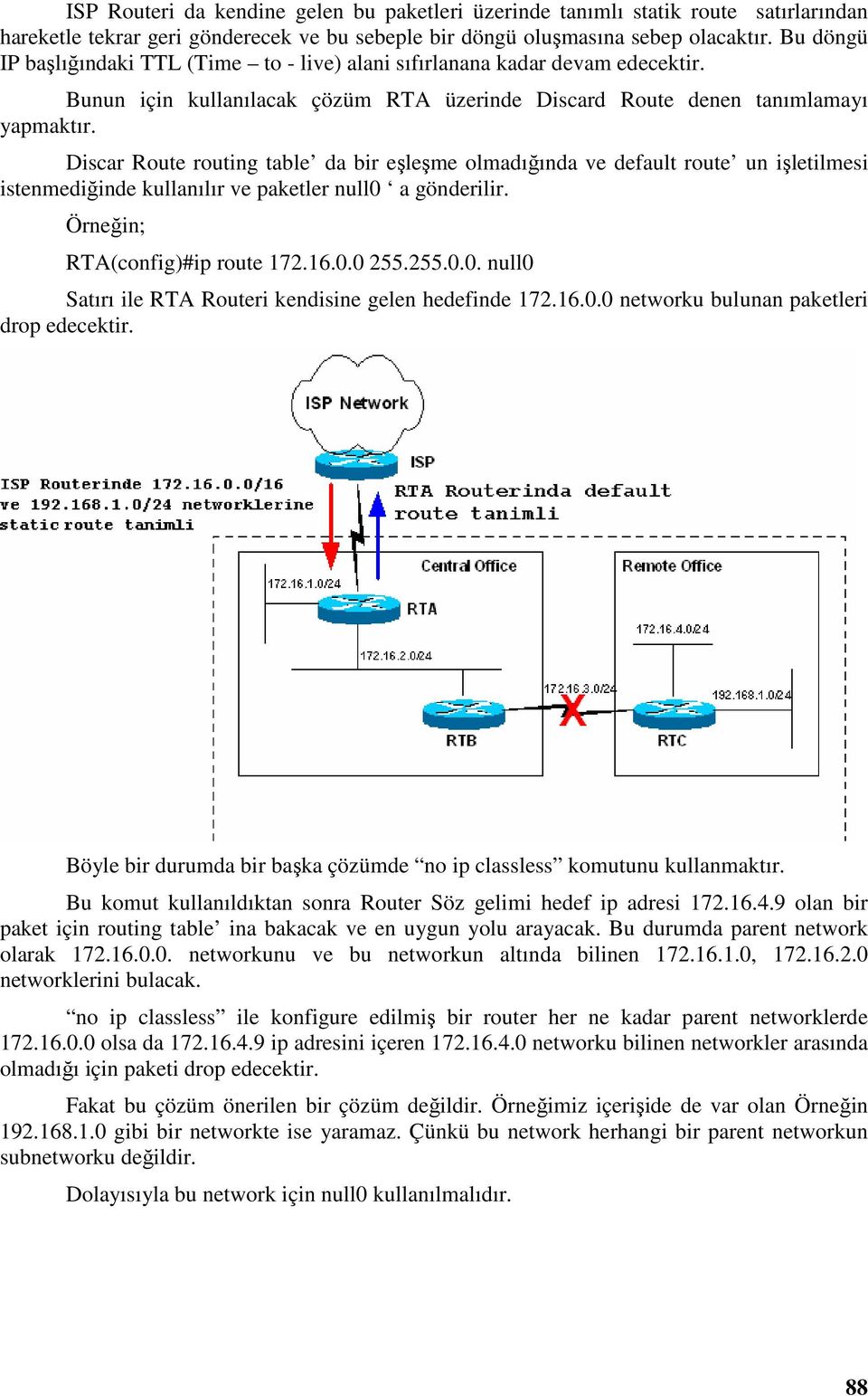 Discar Route routing table da bir eşleşme olmadığında ve default route un işletilmesi istenmediğinde kullanılır ve paketler null0 a gönderilir. Örneğin; RTA(config)#ip route 172.16.0.0 255.255.0.0. null0 Satırı ile RTA Routeri kendisine gelen hedefinde 172.