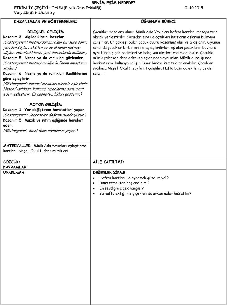 (Göstergeleri: Nesne/varlığın kullanım amaçlarını söyler.) Kazanım 6. Nesne ya da varlıkları özelliklerine göre eşleştirir. (Göstergeleri: Nesne/varlıkları birebir eşleştirir.