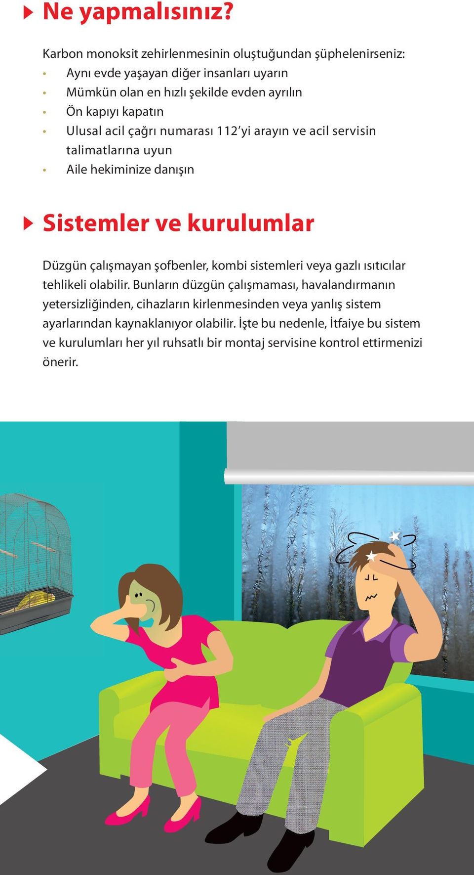 Ulusal acil çağrı numarası 112 yi arayın ve acil servisin talimatlarına uyun Aile hekiminize danışın Sistemler ve kurulumlar Düzgün çalışmayan şofbenler, kombi