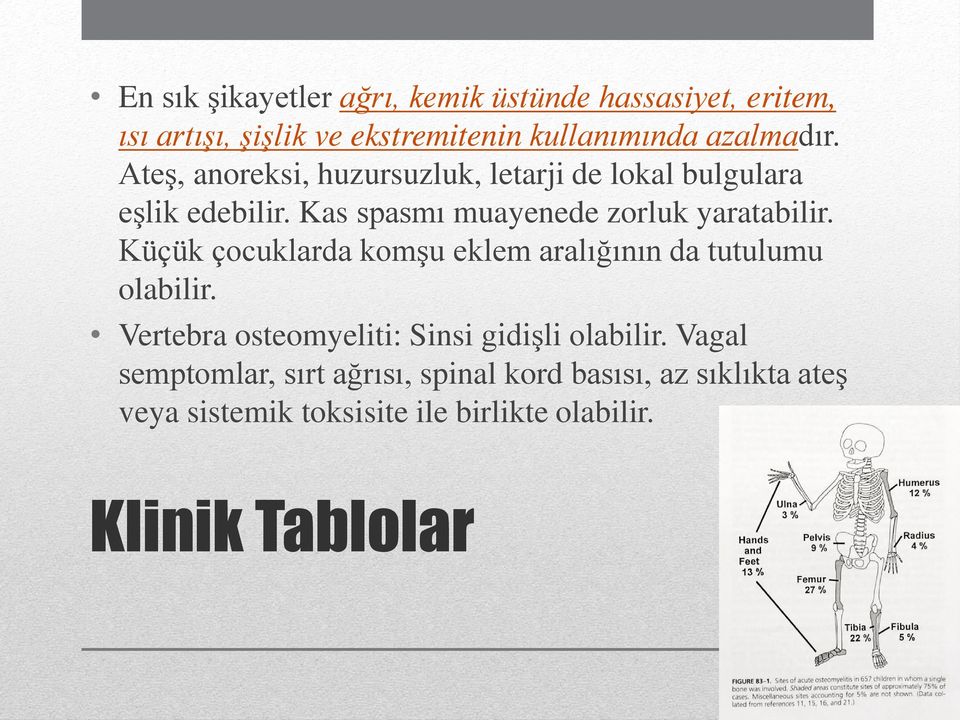 Küçük çocuklarda komşu eklem aralığının da tutulumu olabilir. Vertebra osteomyeliti: Sinsi gidişli olabilir.