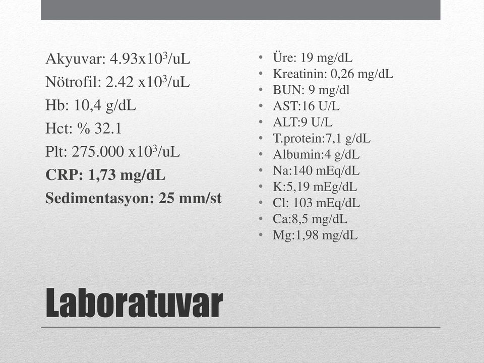 Kreatinin: 0,26 mg/dl BUN: 9 mg/dl AST:16 U/L ALT:9 U/L T.