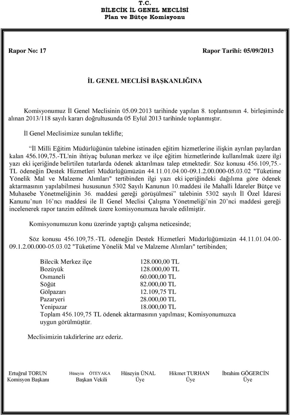 İl Genel Meclisimize sunulan teklifte; İl Milli Eğitim Müdürlüğünün talebine istinaden eğitim hizmetlerine ilişkin ayrılan paylardan kalan 456.109,75.