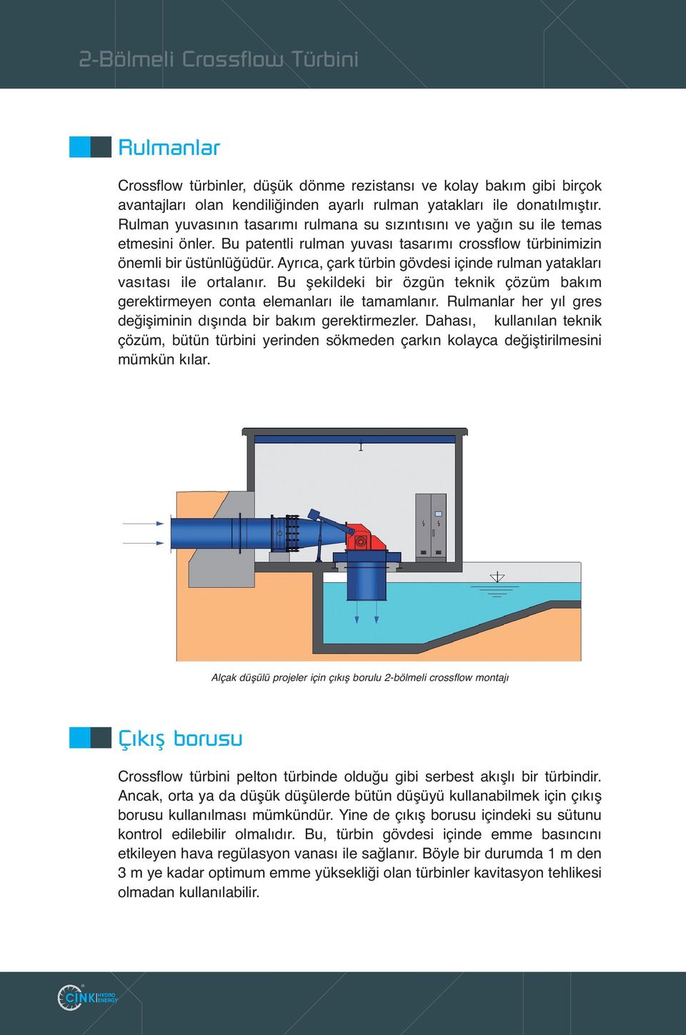 Ayrıca, çark türbin gövdesi içinde rulman yatakları vasıtası ile ortalanır. Bu şekildeki bir özgün teknik çözüm bakım gerektirmeyen conta elemanları ile tamamlanır.