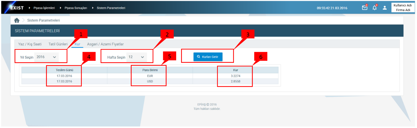 9.4. Kur Kullanıcıların, sistem içerisinde güncel kur bilgilerini Euro ve Dolar bazlı olarak bu ekran aracılığıyla görüntüleyebileceklerdir.