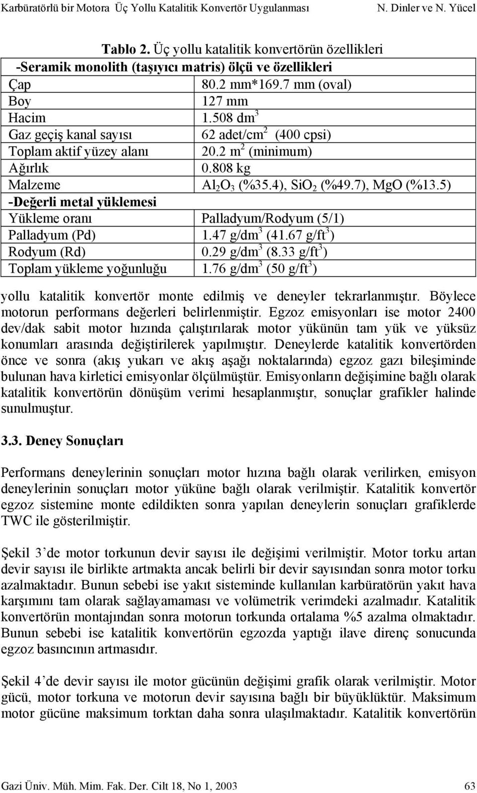 508 dm 3 Gaz geçiş kanal sayısı 62 adet/cm 2 (400 cpsi) Toplam aktif yüzey alanı 20.2 m 2 (minimum) Ağırlık 0.808 kg Malzeme Al 2 O 3 (%35.4), SiO 2 (%49.7), MgO (%13.