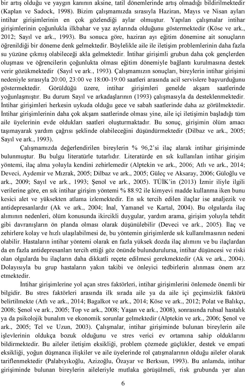 Yapılan çalışmalar intihar girişimlerinin çoğunlukla ilkbahar ve yaz aylarında olduğunu göstermektedir (Köse ve ark., 2012; Sayıl ve ark., 1993).