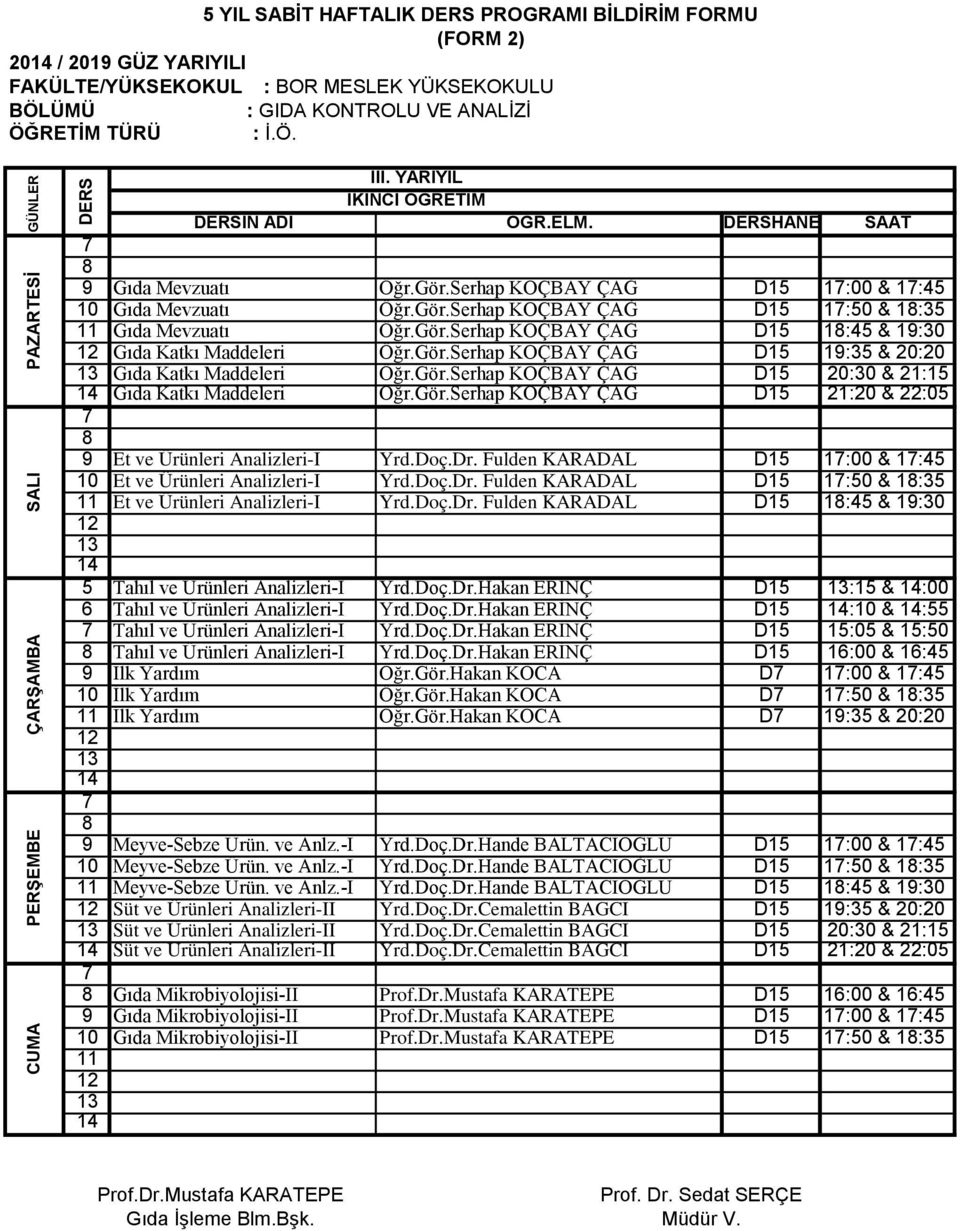 Gör.Serhap KOÇBAY ÇAĞ D15 20:30 & 21:15 Gıda Katkı Maddeleri Öğr.Gör.Serhap KOÇBAY ÇAĞ D15 21:20 & 22:05 9 Et ve Ürünleri Analizleri-I Yrd.Doç.Dr.