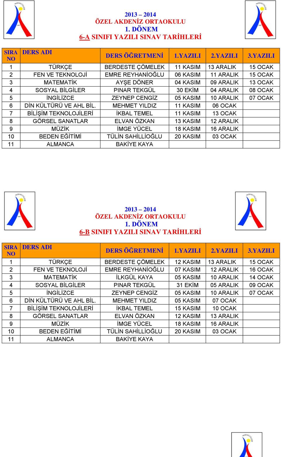 EKİM 04 ARALIK 08 OCAK 5 İNGİLİZCE ZEYNEP CENGİZ 05 KASIM 10 ARALIK 07 OCAK 6 DİN KÜLTÜRÜ VE AHL BİL.