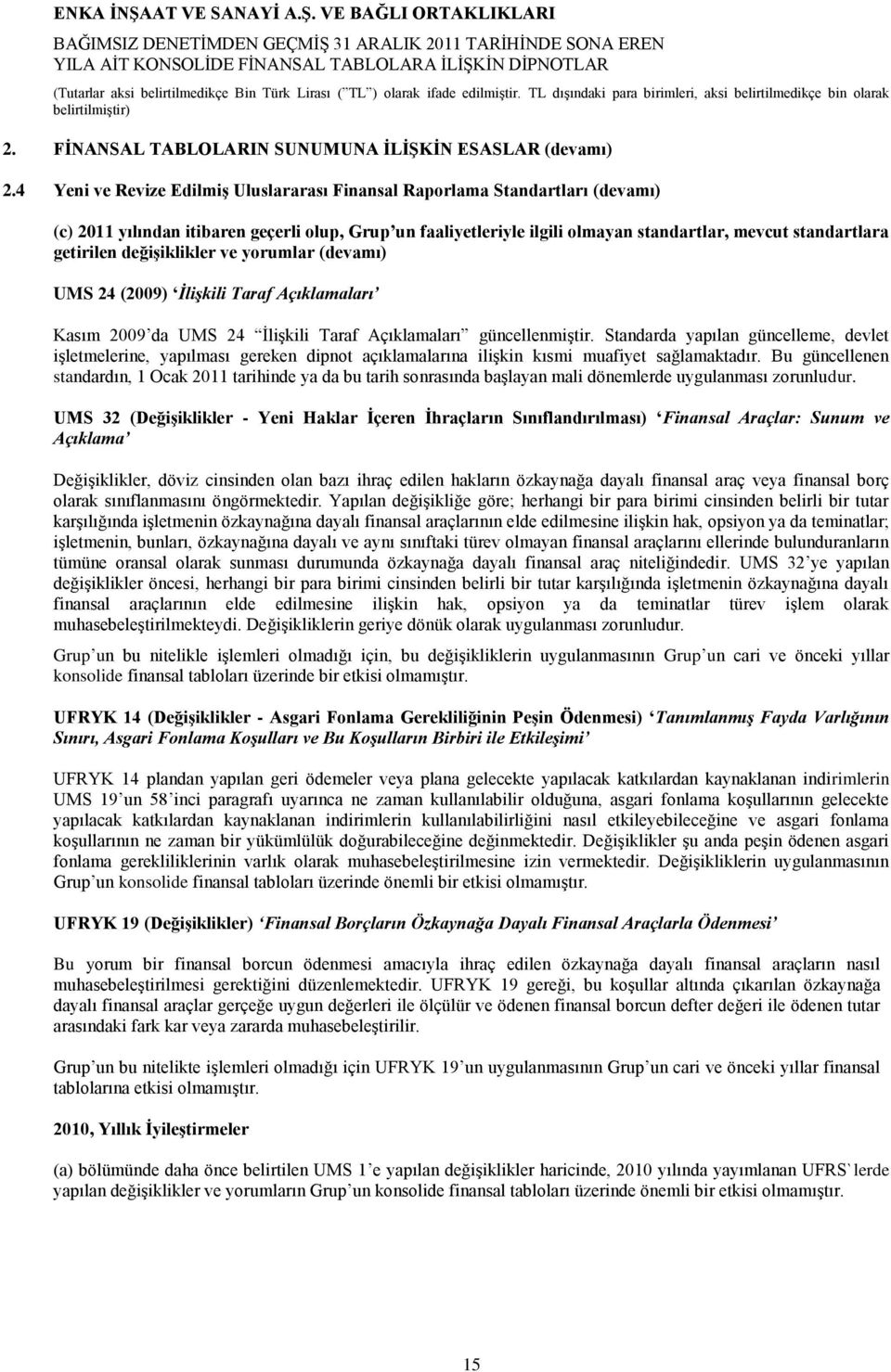 getirilen değişiklikler ve yorumlar (devamı) UMS 24 (2009) İlişkili Taraf Açıklamaları Kasım 2009 da UMS 24 İlişkili Taraf Açıklamaları güncellenmiştir.