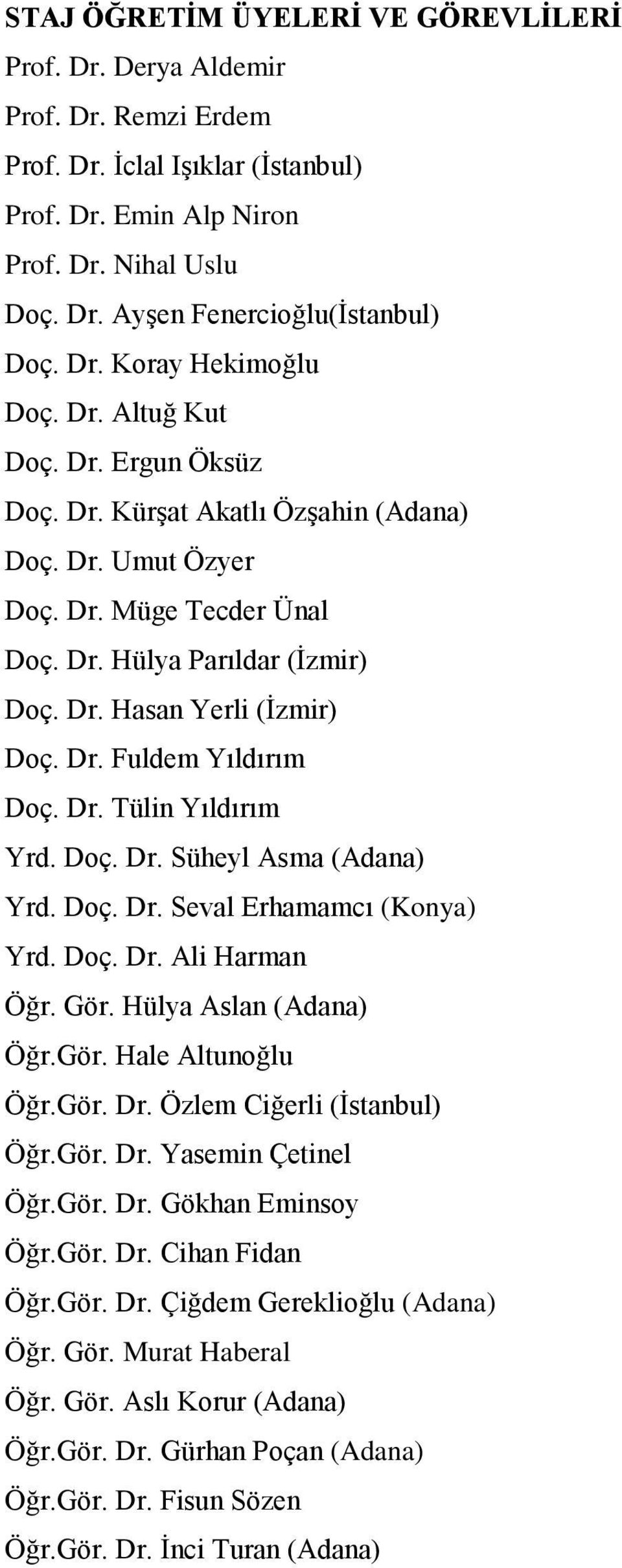 Dr. Fuldem Yıldırım Doç. Dr. Tülin Yıldırım Yrd. Doç. Dr. Süheyl Asma (Adana) Yrd. Doç. Dr. Seval Erhamamcı (Konya) Yrd. Doç. Dr. Ali Harman Öğr. Gör. Hülya Aslan (Adana) Öğr.Gör. Hale Altunoğlu Öğr.