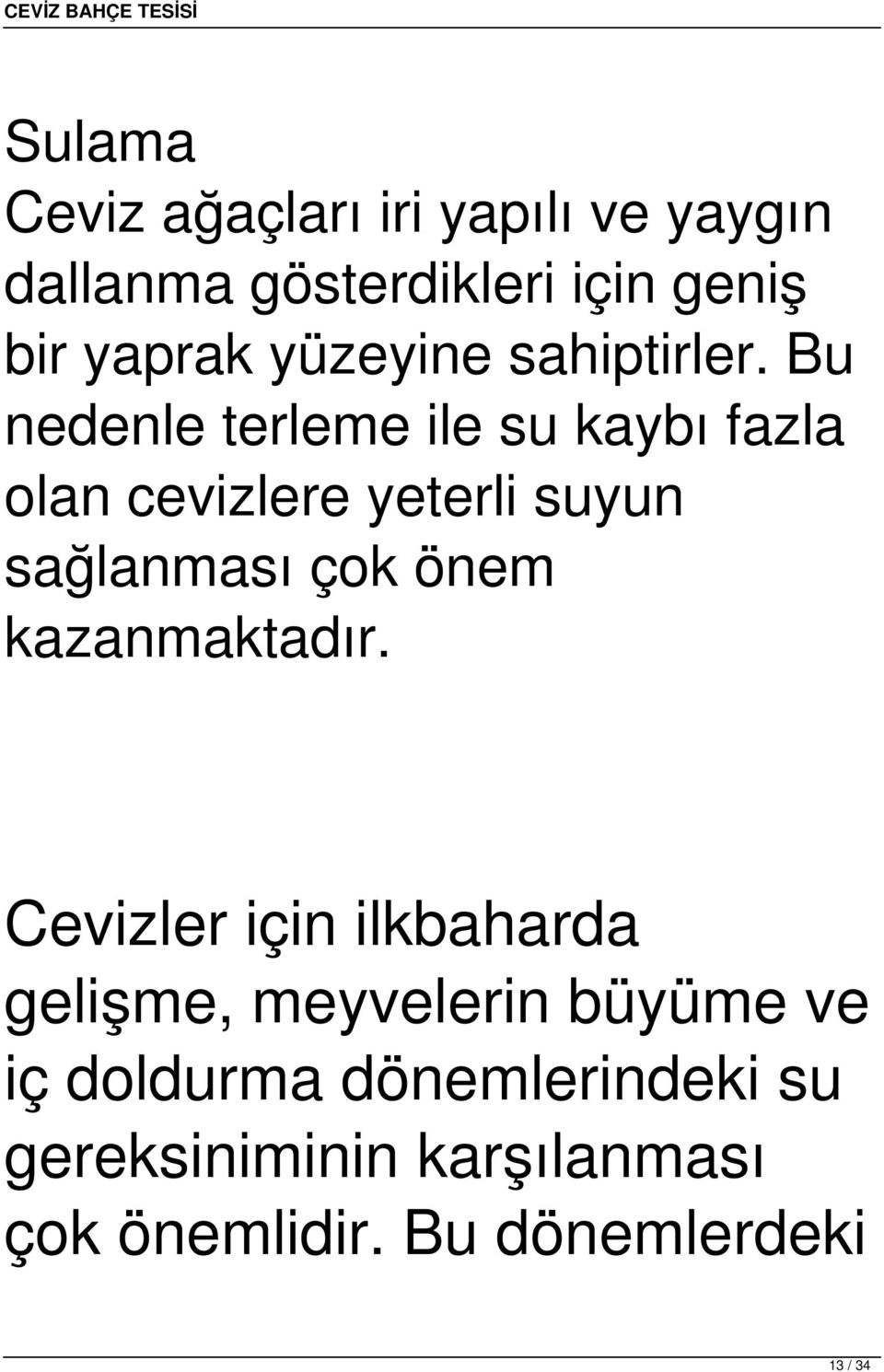 Bu nedenle terleme ile su kaybı fazla olan cevizlere yeterli suyun sağlanması çok önem