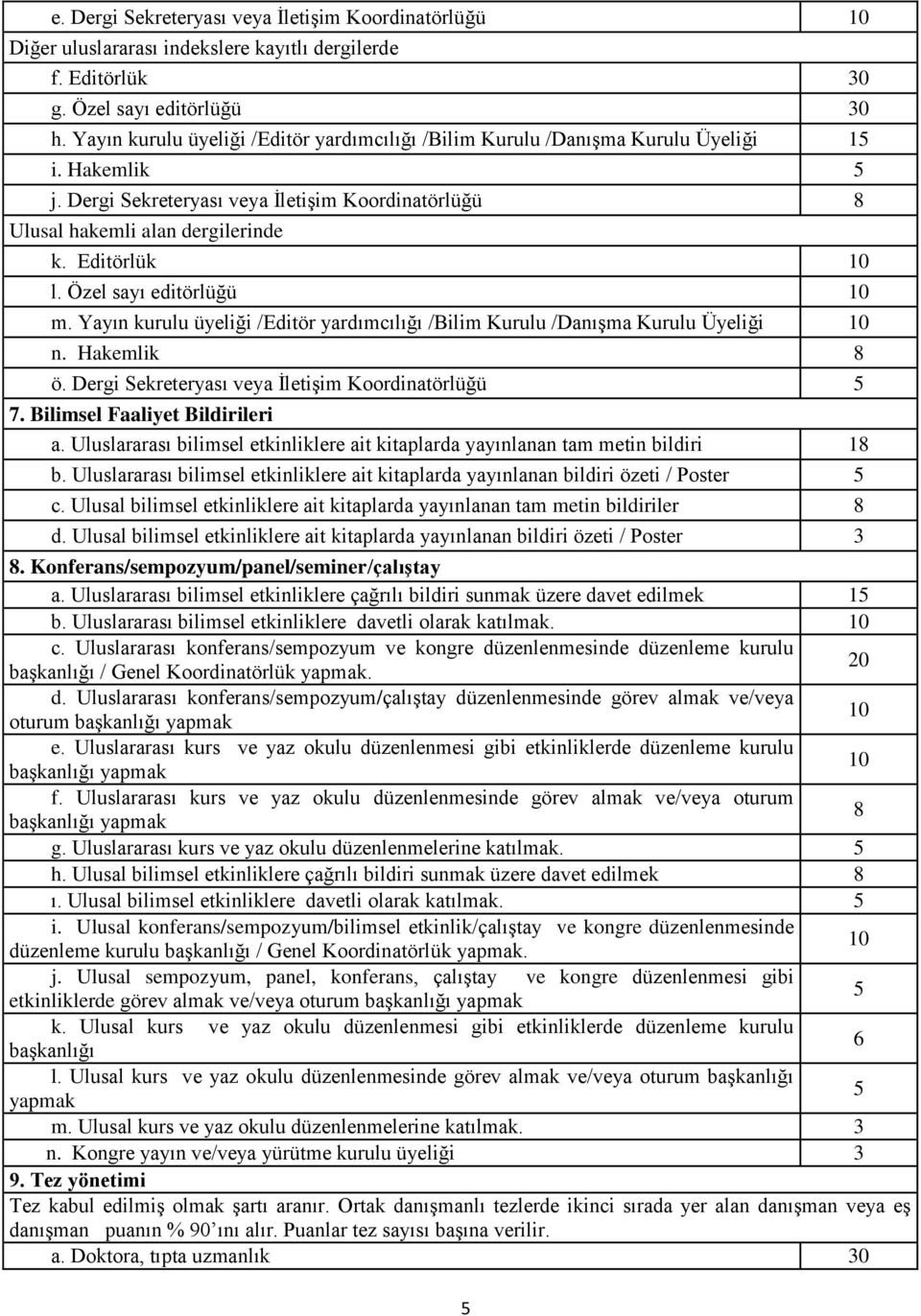 Editörlük 10 l. Özel sayı editörlüğü 10 m. Yayın kurulu üyeliği /Editör yardımcılığı /Bilim Kurulu /Danışma Kurulu Üyeliği 10 n. Hakemlik 8 ö. Dergi Sekreteryası veya İletişim Koordinatörlüğü 5 7.