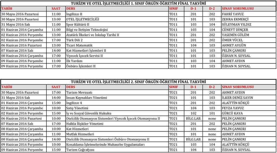 11:00 Spor Kültürü II TO11 103 104 SÜLEYMAN YILDIZ 01 Haziran 2016 Çarşamba 11:00 Bilgi ve İletişim Teknolojisi TO11 103 104 CÜNEYT DİNÇER 02 Haziran 2016 Perşembe 13:00 Atatürk İlkeleri ve İnkılap