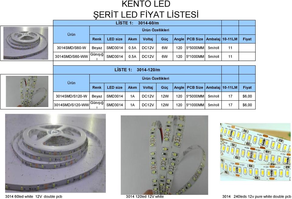 5A 6 120 5*1000MM 5m/roll 11 LİSTE 1: 3014-120/m Renk LED size Akm Voltaj Güç Angle PCB Ambalaj 10-11LM Fiyat 3014SMD/S120- Beyaz