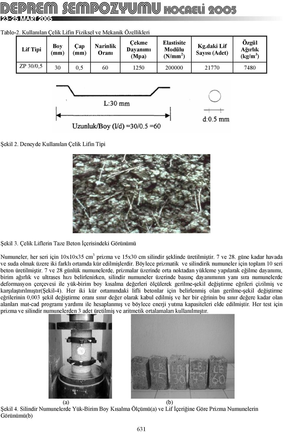 Çelik Liflerin Taze Beton İçerisindeki Görünümü Numuneler, her seri için 10x10x35 cm 3 prizma ve 15x30 cm silindir şeklinde üretilmiştir. 7 ve 28.