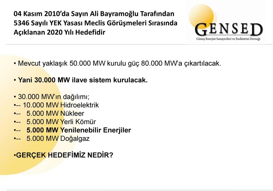 000 MW ilave sistem kurulacak. 30.000 MW ın dağılımı; -- 10.000 MW Hidroelektrik -- 5.
