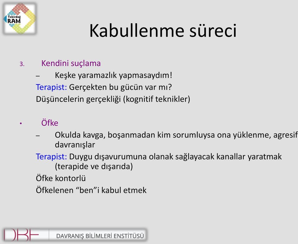 Düşüncelerin gerçekliği (kognitif teknikler) Öfke Okulda kavga, boşanmadan kim sorumluysa