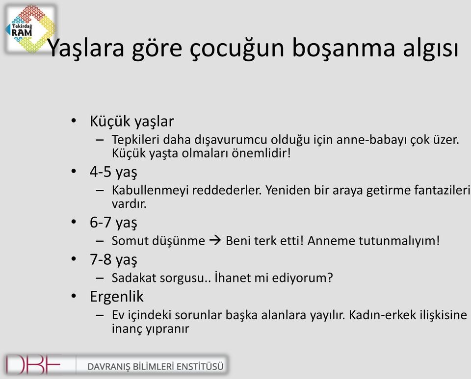 Yeniden bir araya getirme fantazileri vardır. 6-7 yaş Somut düşünme Beni terk etti! Anneme tutunmalıyım!