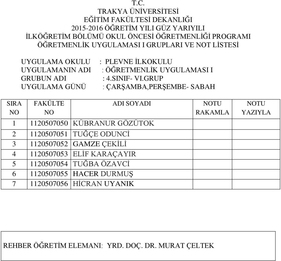 ÇEKİLİ 4 1120507053 ELİF KARAÇAYIR 5 1120507054 TUĞBA ÖZAVCİ 6 1120507055 HACER