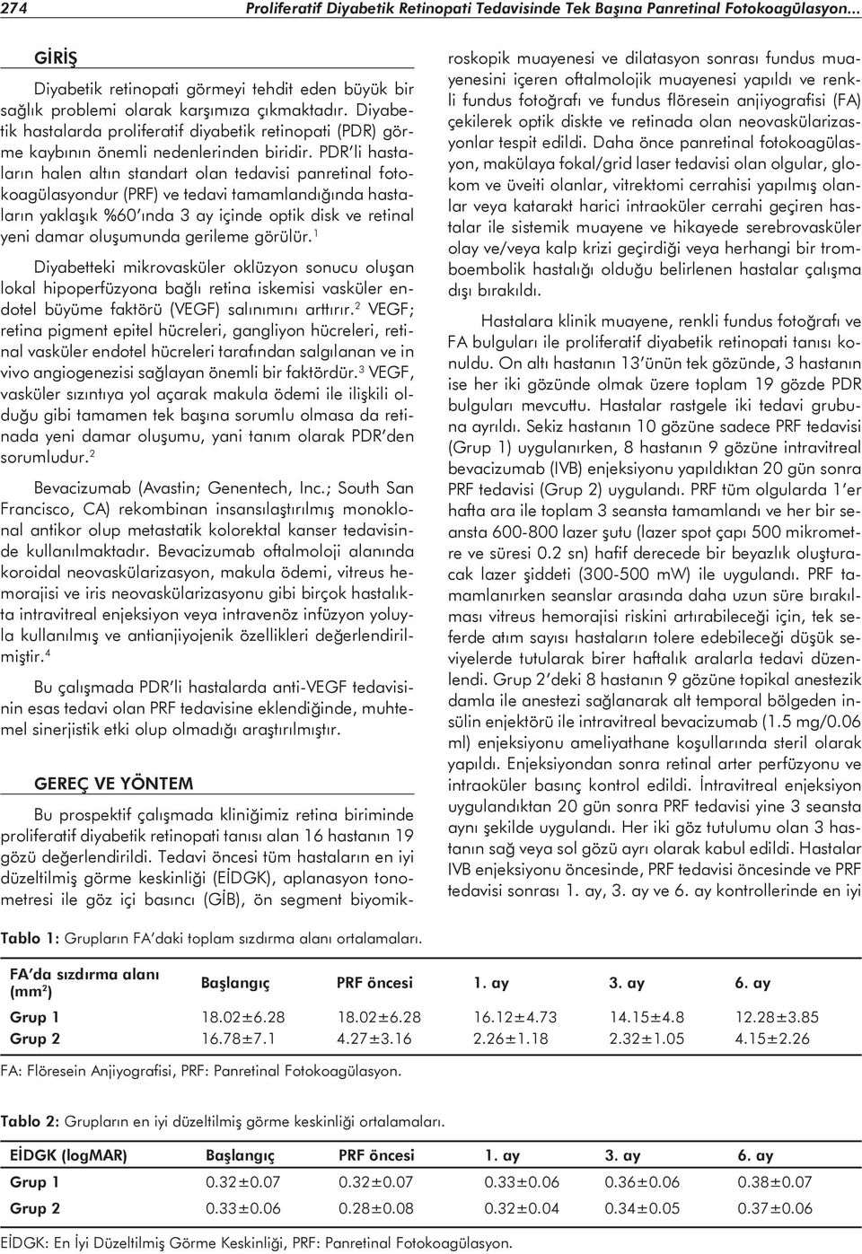 PDR li hastaların halen altın standart olan tedavisi panretinal fotokoagülasyondur (PRF) ve tedavi tamamlandığında hastaların yaklaşık %60 ında 3 ay içinde optik disk ve retinal yeni damar oluşumunda