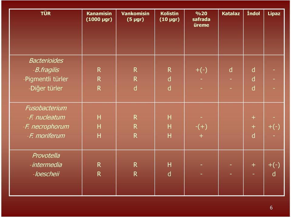 fragilis R R R +(-) d d - -Pigmentli türler R R d - - d - -Diğer türler R d d - - d -