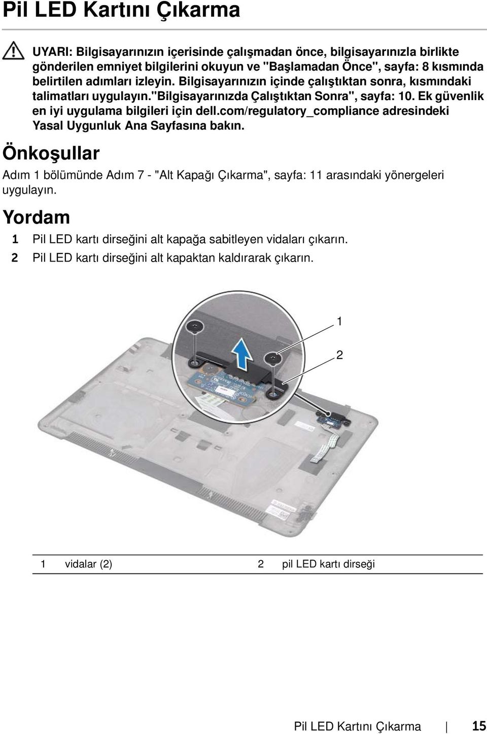 Yordam 1 Pil LED kartı dirseğini alt kapağa sabitleyen vidaları çıkarın.