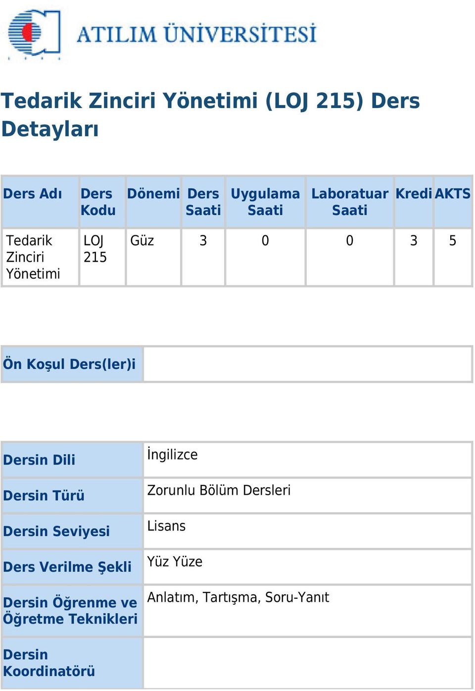 Ders(ler)i Dersin Dili Dersin Türü Dersin Seviyesi Ders Verilme Şekli Dersin Öğrenme ve Öğretme