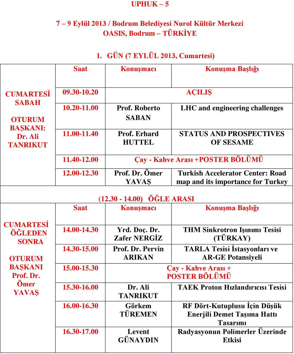 Ömer YAVAŞ Turkish Accelerator Center: Road map and its importance for Turkey (12.30-14.00) ÖĞLE ARASI CUMARTESİ Prof. Dr.