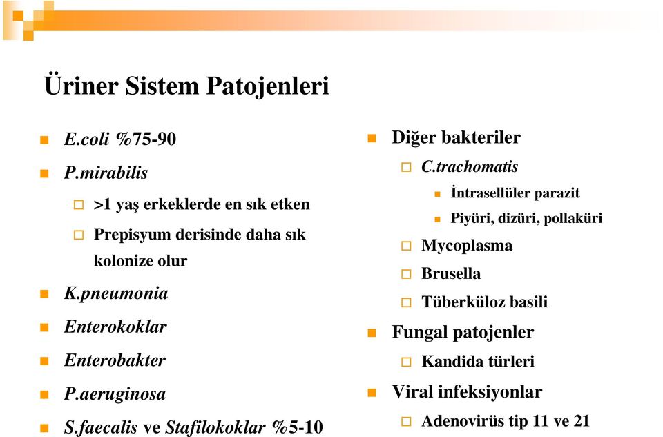 pneumonia Enterokoklar Enterobakter P.aeruginosa S.faecalis ve Stafilokoklar %5-10 Diğer bakteriler C.