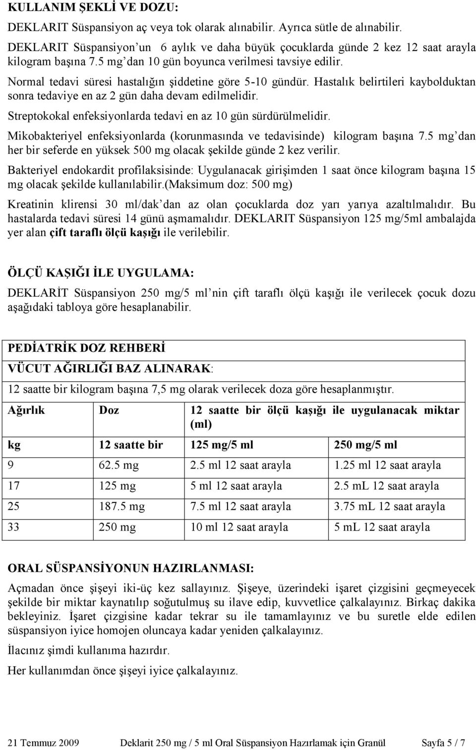 Normal tedavi süresi hastalığın şiddetine göre 5-10 gündür. Hastalık belirtileri kaybolduktan sonra tedaviye en az 2 gün daha devam edilmelidir.