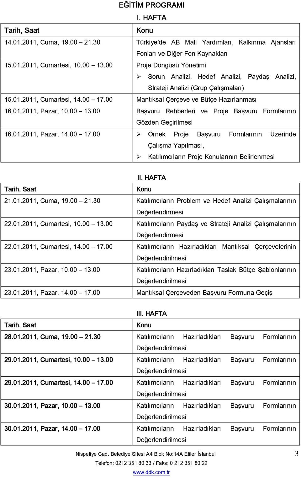 00 13.00 Başvuru Rehberleri ve Proje Başvuru Formlarının Gözden Geçirilmesi 16.01.2011, Pazar, 14.00 17.